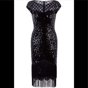 NWOT VIJIV Women's Vintage 1920s Black Sequin Fringe Flapper Dress w/sleeves XL